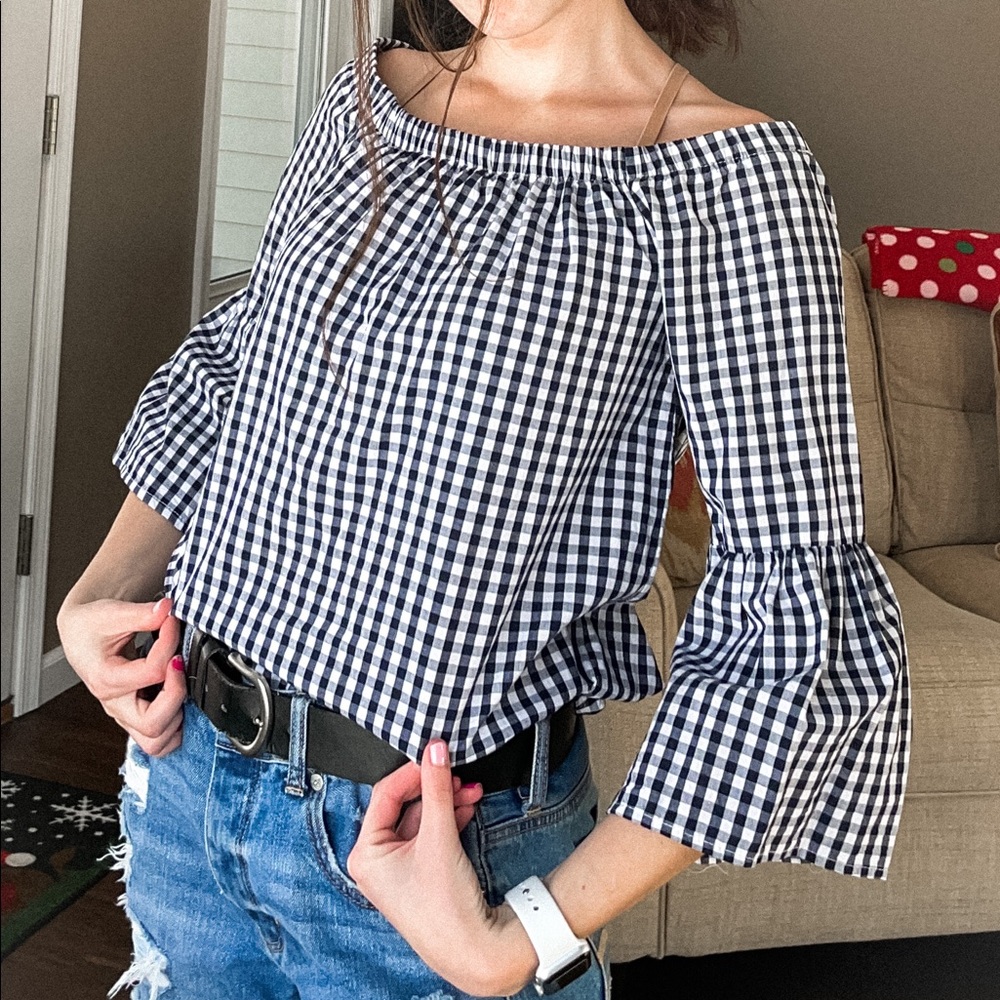 gingham bell-sleeve blouse